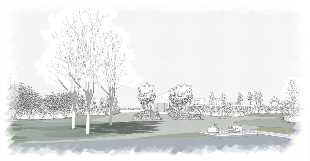 View of garden from lake towards house