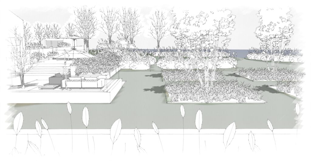 Side elevation showing semi formal beds and lake beyond